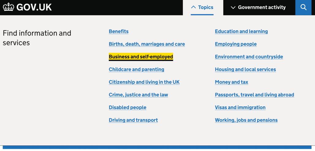 gov uk website showing focus states