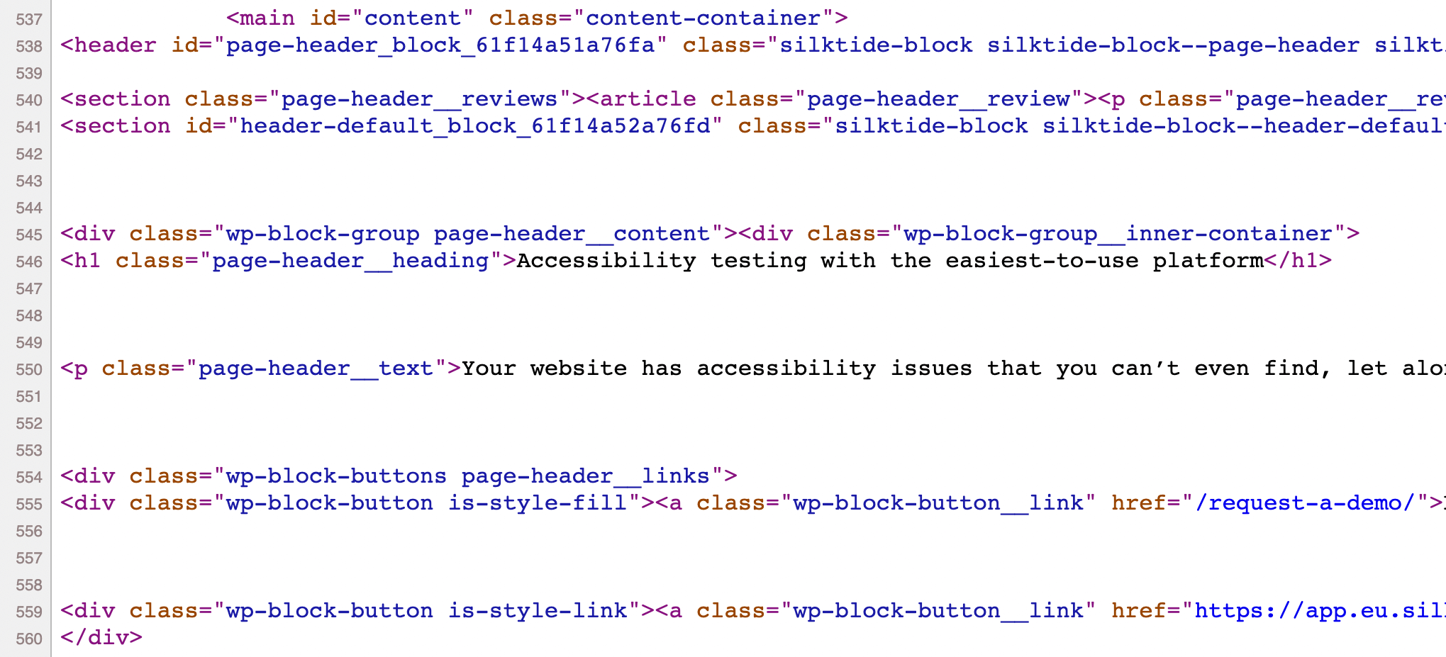 Example html code shown via View Source in a web browser