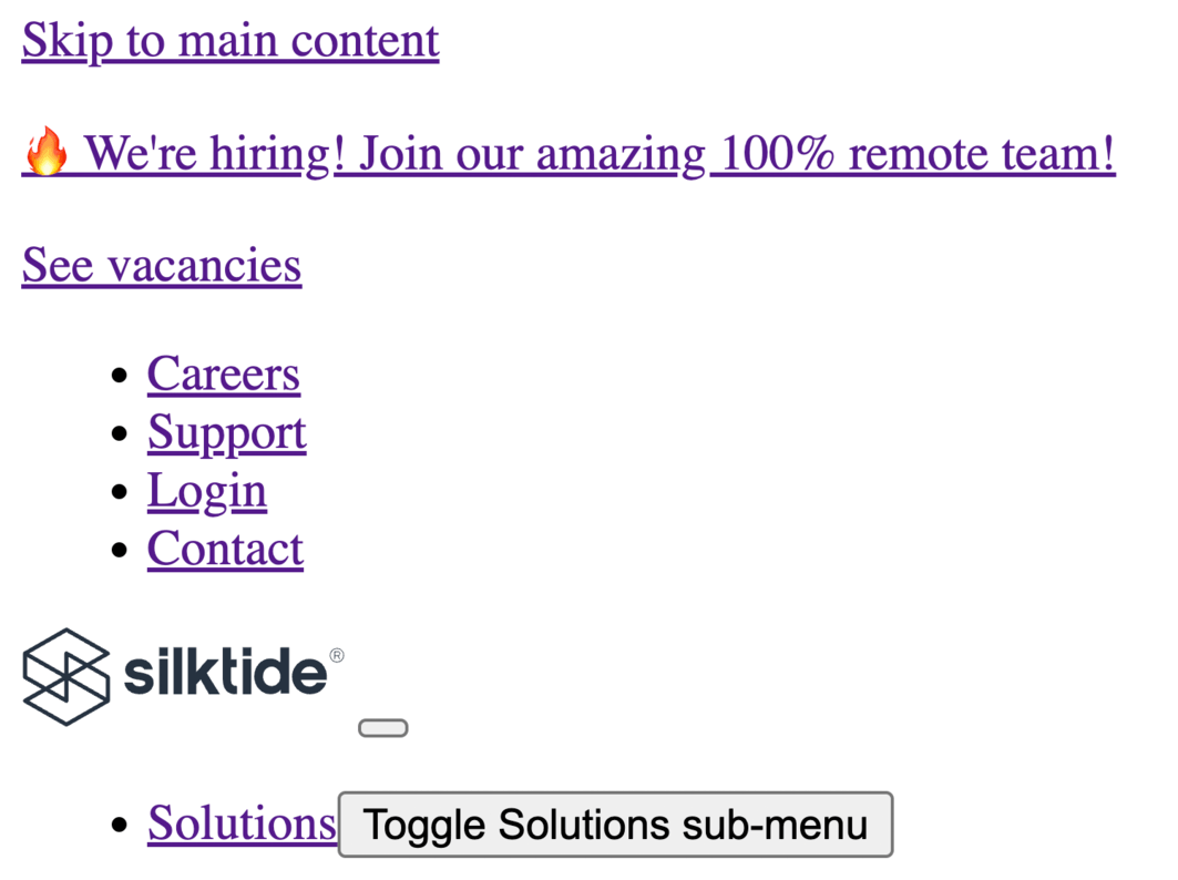 Ssilktide's home page without CSS enabled, showing only text and no styling