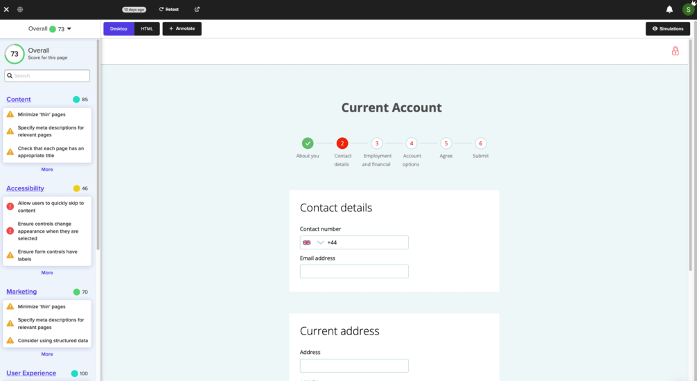 Inspector showing the scores for a single user journey step