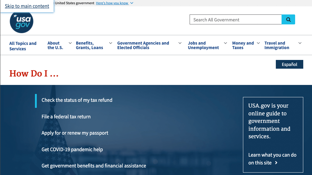 US government web page showing a skip to content