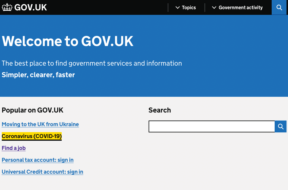 UK government web page showing clearly visible link text in focus