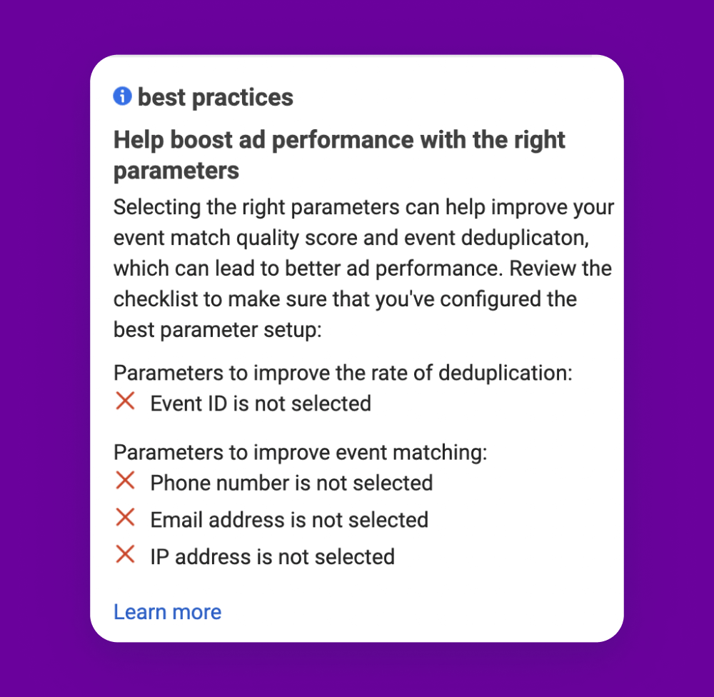 Facebook checklist showing that their best practice is to select a number of pieces of personally identifiable information, found within the Facebook Ads dashboard.