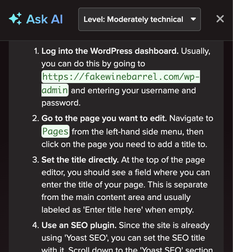 Detailed instructions supplied by AI explaining how to fix a problem in WordPress
