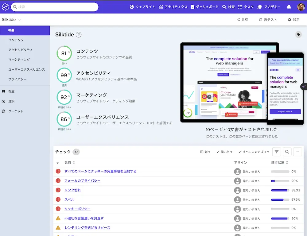 Silktide platform screenshot showing Japanese support