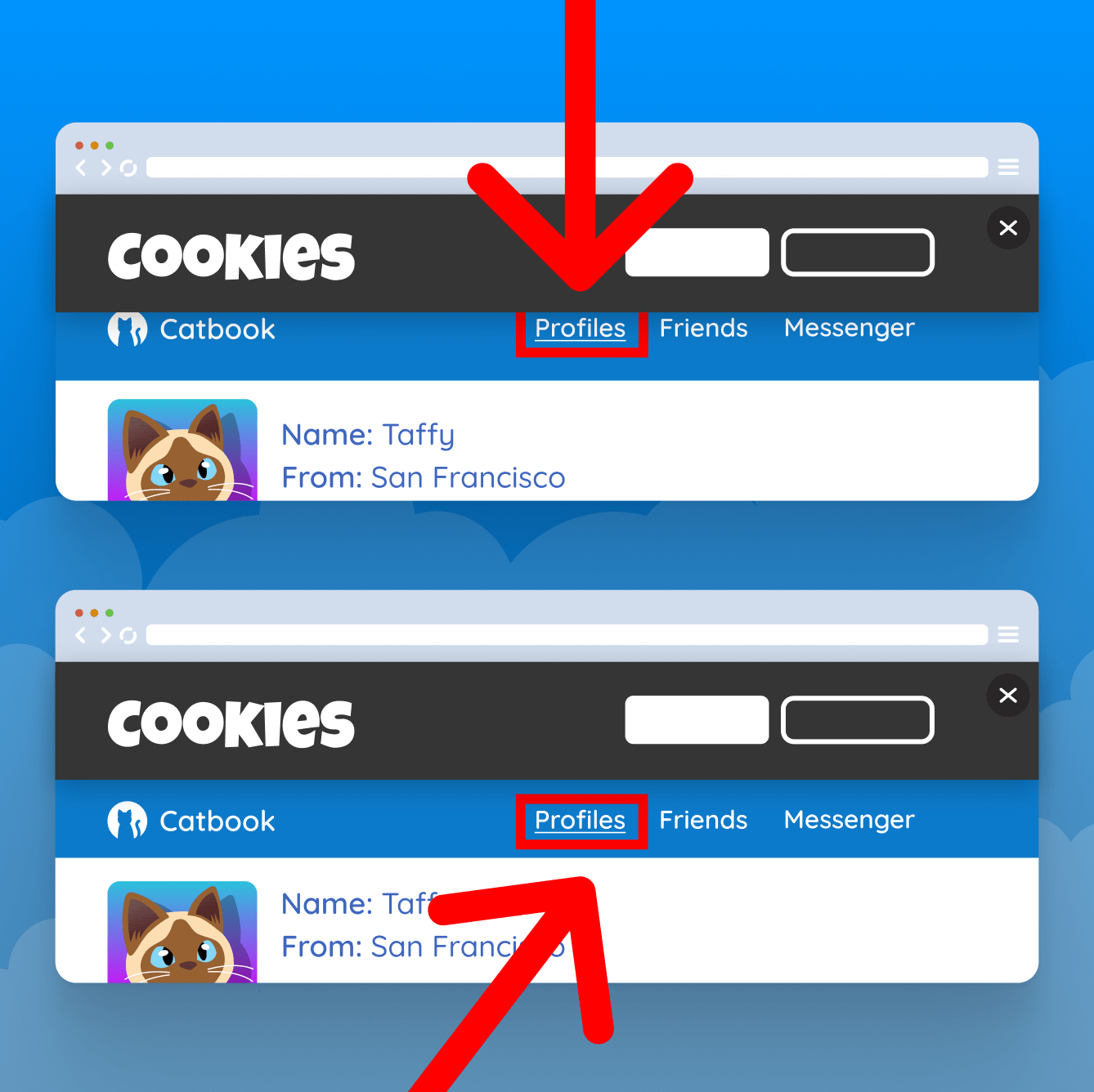 Two examples, the first has the cookie banner sitting on top of the navigation for the site, making it difficult to discern that it says Profiles, the second the cookie banner is pushing all the content down so you can still clearly see the focused navigation item.