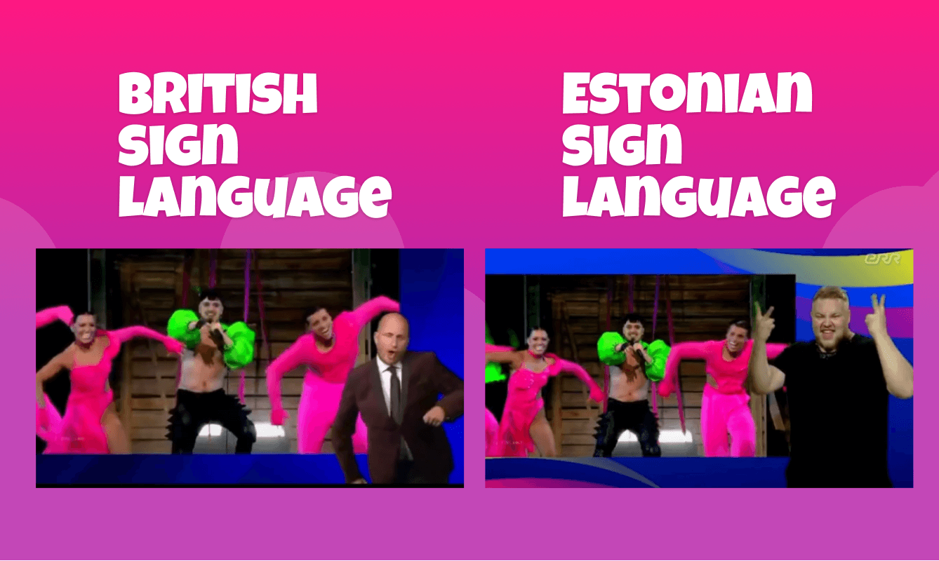 Side by side comparison of Estonian and British Sign Language interpretation of Cha Cha Cha from Eurovision.