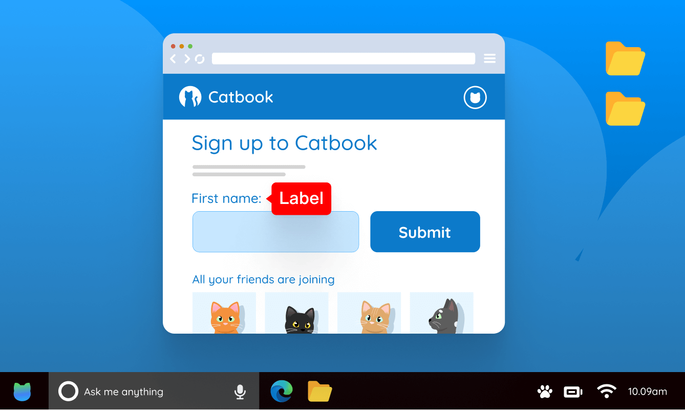 Catbook sign up form with "First name" above a text field, and a large red "Label" sign pointing at the text.  "All your friends are joining" is below it with images of other Silktide cats.