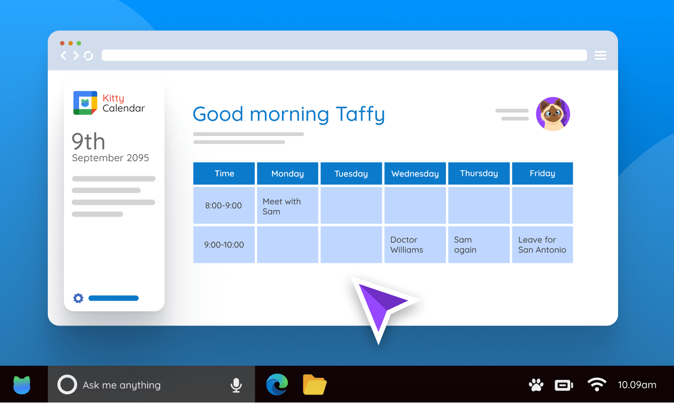 A visual of the previous table code, showing a 3x6 grid table with the times 8-9 and 9-10 and events like "Meet with Sam" on Monday at 8, and "Sam again" on Thursday at 9.  It's Kitty Calendar saying "Good Morning, Taffy" and has a profile picture of a siamese cat in the top right.