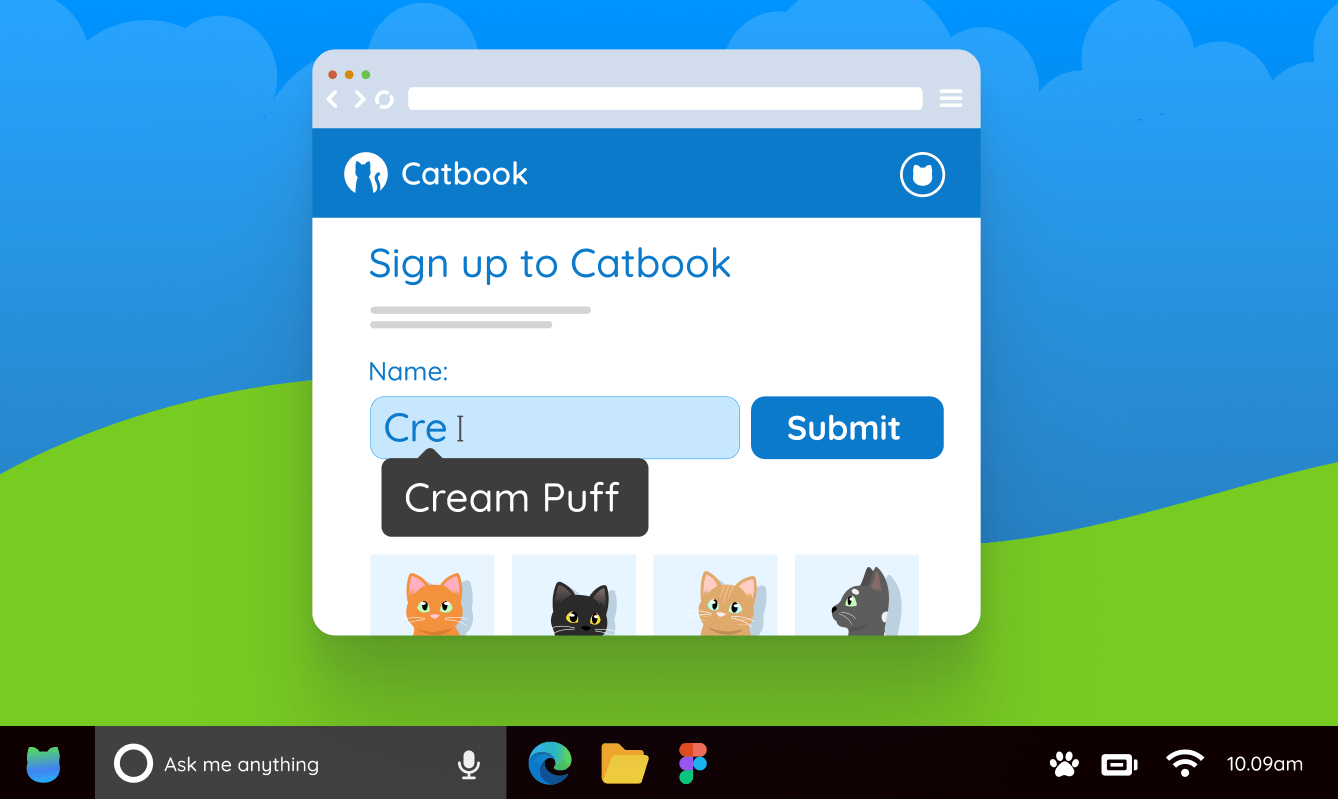 Catbook themed example of autocomplete values, only the three letters c, r, e have been typed into the Name field, but it's offering Cream Puff as the autofill value.