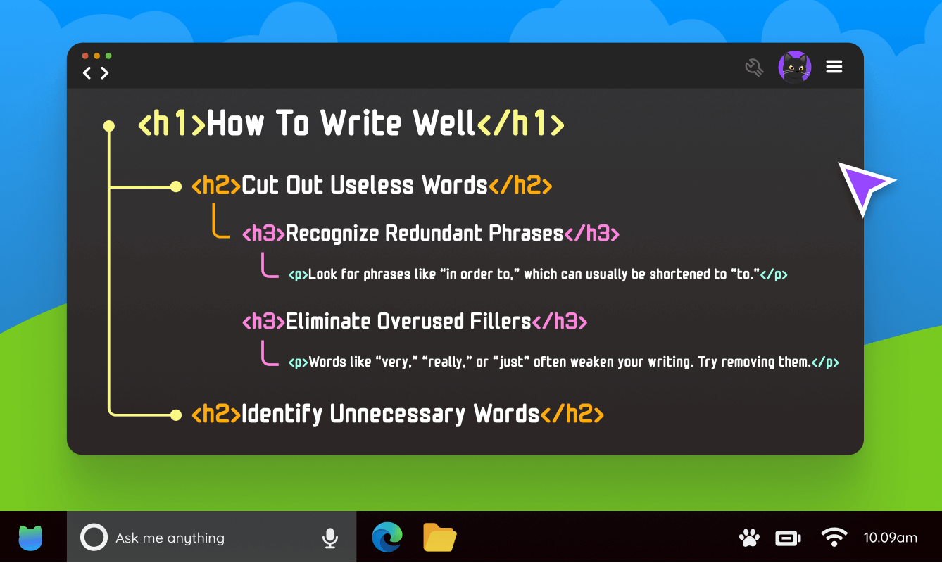 An example of the heading structure used for an article.
H1 How to Write Well
H2 Cut Out Useless Words
H3 Recognize Redundant Phrases
P look for phrases like “in order to,” which can usually be shortened to “to.”
H3 Eliminate Overused Fillers
P Words like “very, “really,” or “just” often weaken your writing.  Try removing them.
H2 Identify Unnecessary Words