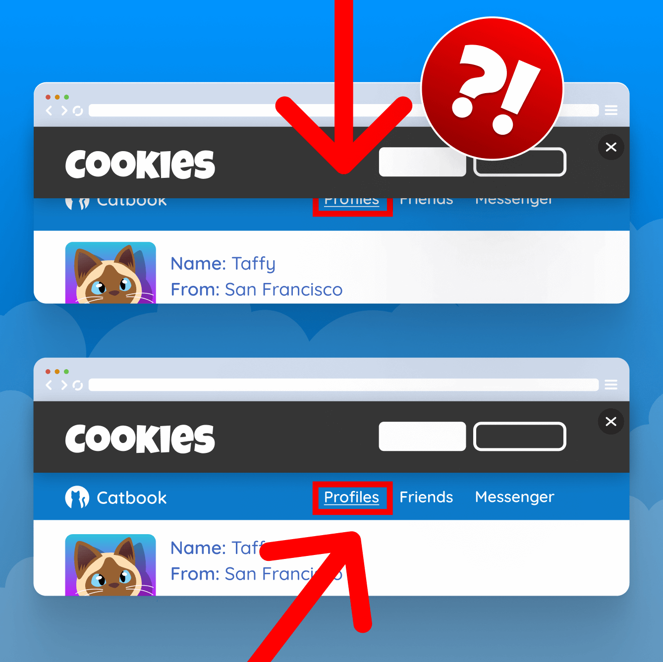 Two examples, the first has the cookie banner sitting on top of the navigation for the site, making it difficult to discern that it says Profiles, the second the cookie banner is pushing all the content down so you can still clearly see the focused navigation item.