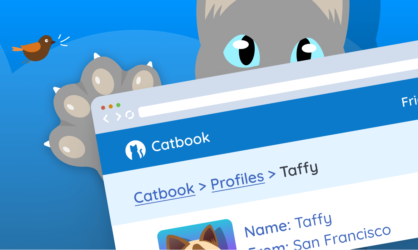 Catbook profile page for Taffy, showing breadcrumb trail of Catbook, profiles, Taffy.