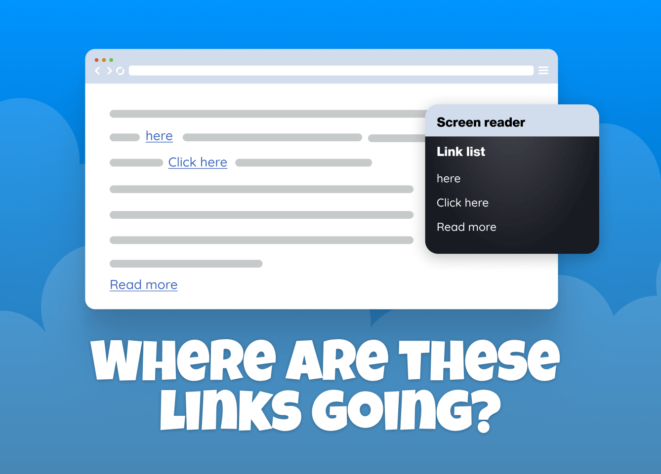 Example of how a screenreader lists links, these are 'here', 'click here,' and 'read more.'  In large text it asks, "where are these links going?"