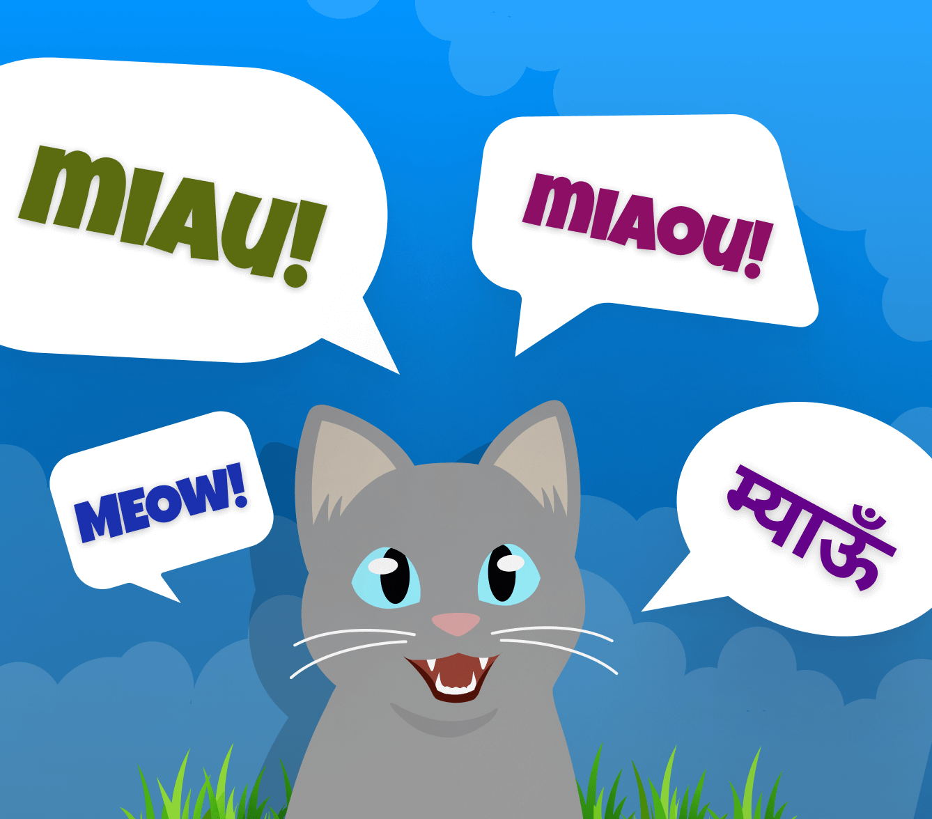 Maximus the grey cat looks excited with his mouth open.  He has four separate speech bubbles with 'meow' in them, in English, German, French, and Hindi.