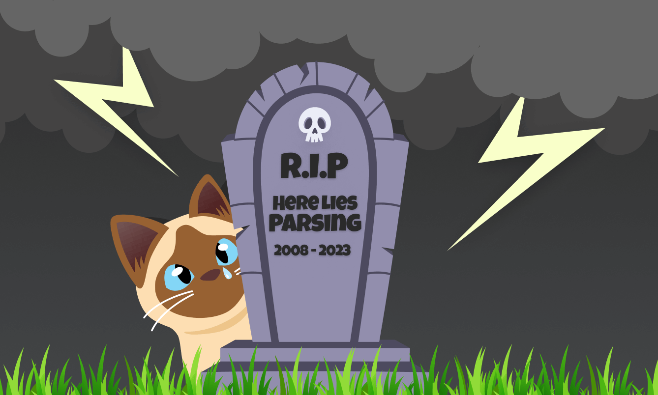 Taffy sheds a tear while looking at a tombstone, the inscription reads "RIP Here lies parsing 2008-2023" there are dark clouds and lightning in the background.