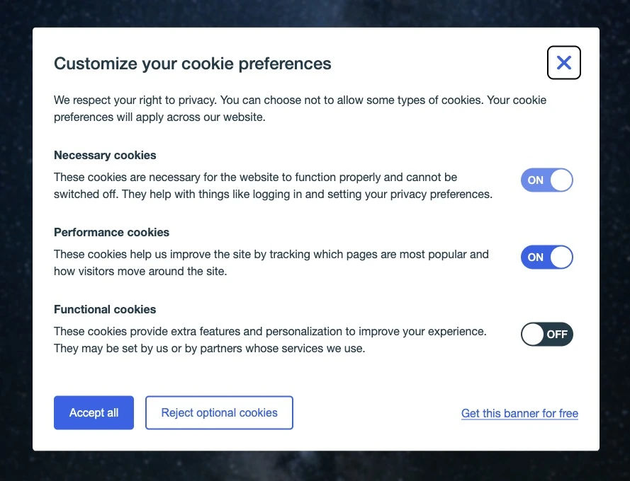 Cookie banner website popup showing toggles for necessary, performance and functional cookies