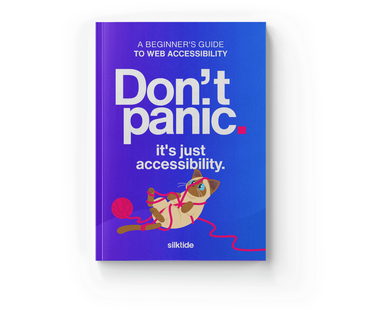 The beginner's guide as a physical book, with "Don't panic" printed in big, bold letters. There's a cartoon of a Siamese cat tangled up in a red ball of yarn.