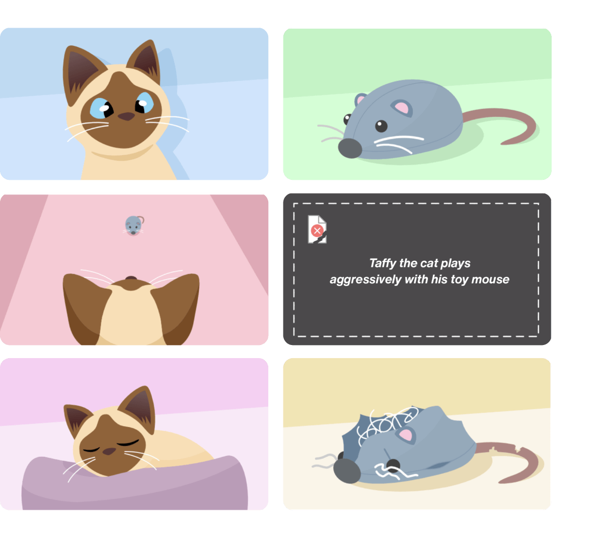 A 6-panel comic strip of a Siamese cat and a stuffed toy mouse. Since the 4th panel image failed to load, we only see the cat approaching the toy, and then the aftermath, where the cat sleeps peacefully while the toy is badly damaged.
The missing 4th panel image has alternative text as a placeholder. It reads "Taffy the cat plays aggressively with his toy mouse."