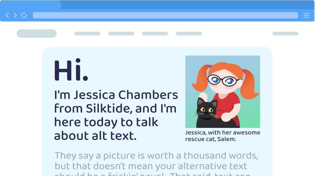 The introductory webpage for Jessica. The caption text is visible under the image of her and Salem.
