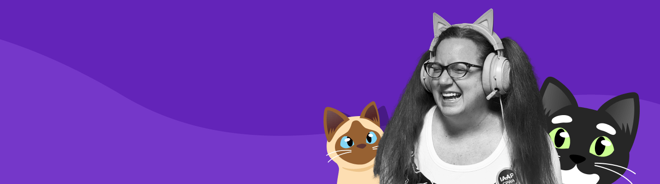 Black and white photo of Jessica laughing happily, with her hair in pigtails, wearing her IAAP CPWA badge and kitty headphones. Behind her are a couple of the cartoon cats from throughout the book.