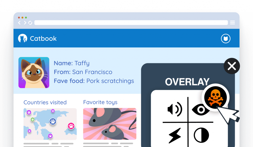 Mockup of a typical accessibility overlay. It's a widget that floats over the webpage, with icons representing different senses and visual controls. A cursor hovers over one of the buttons with a skull and crossbones.