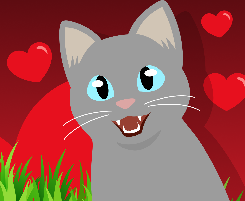 A happy-looking Russian blue cat surrounded by love hearts.