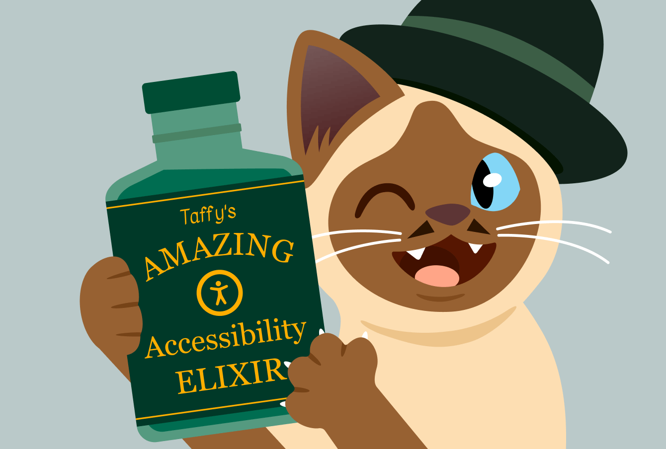 Parody cartoon of Victorian-era snake oil salesmen. Taffy, a Siamese cat, presents the viewer a bottle labelled "Taffy's amazing accessibility elixir" with the Vitruvian Man logo slapped in the middle. Taffy's wearing a bowler hat and has a pointy moustache. He smiles with a wink.