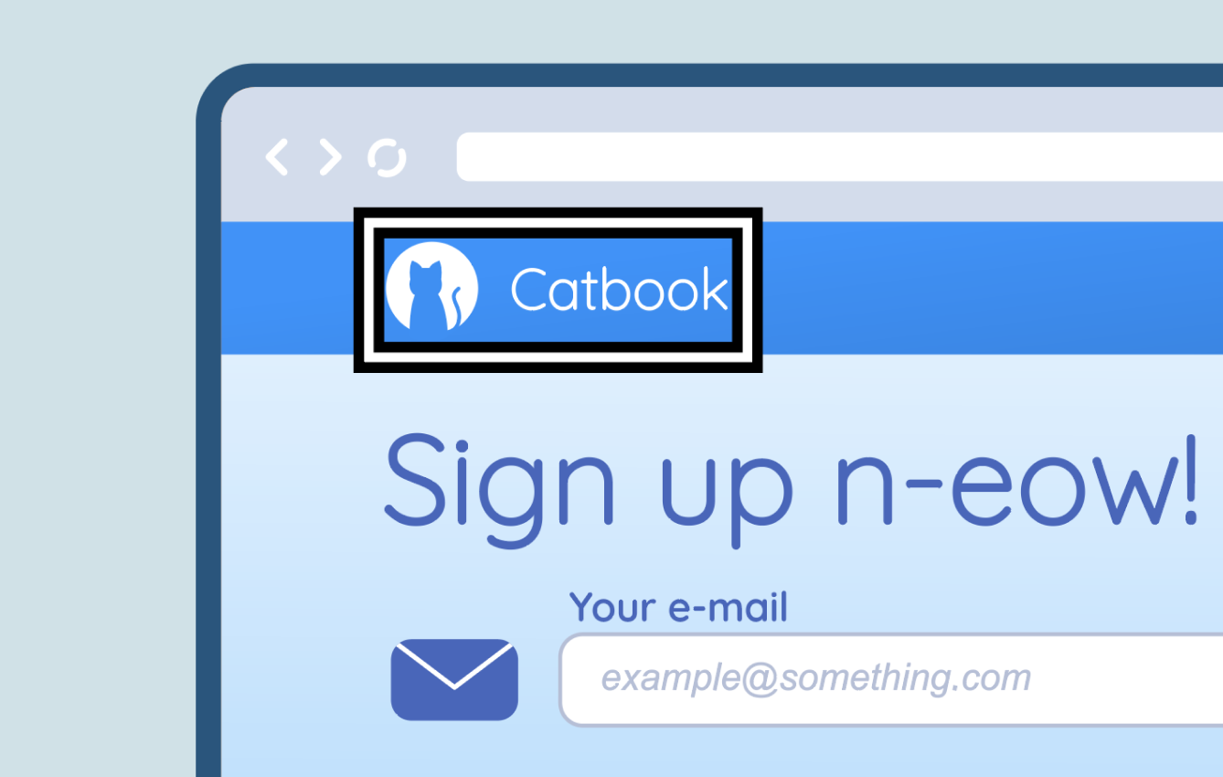 Mockup of a fake website called Catbook. A black and white focus state outlines the home link in the top left corner, clearly contrasting the webpage itself so it's visible.