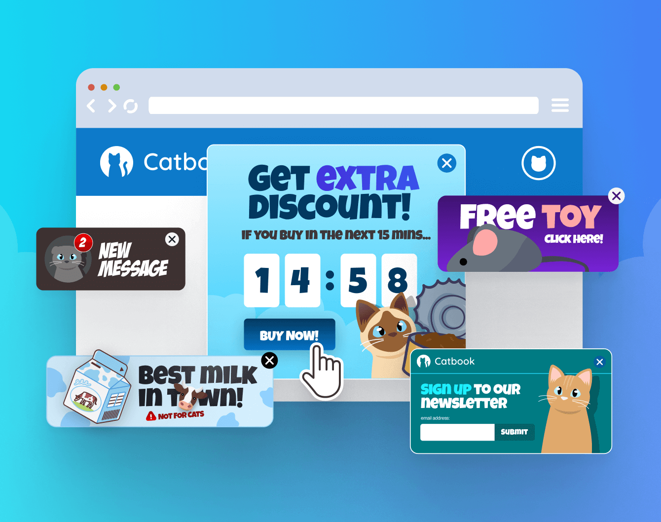 The fictional Catbook website, littered with pop-up ads and spam, all tailored for cats, including squeaky toys and milk.
