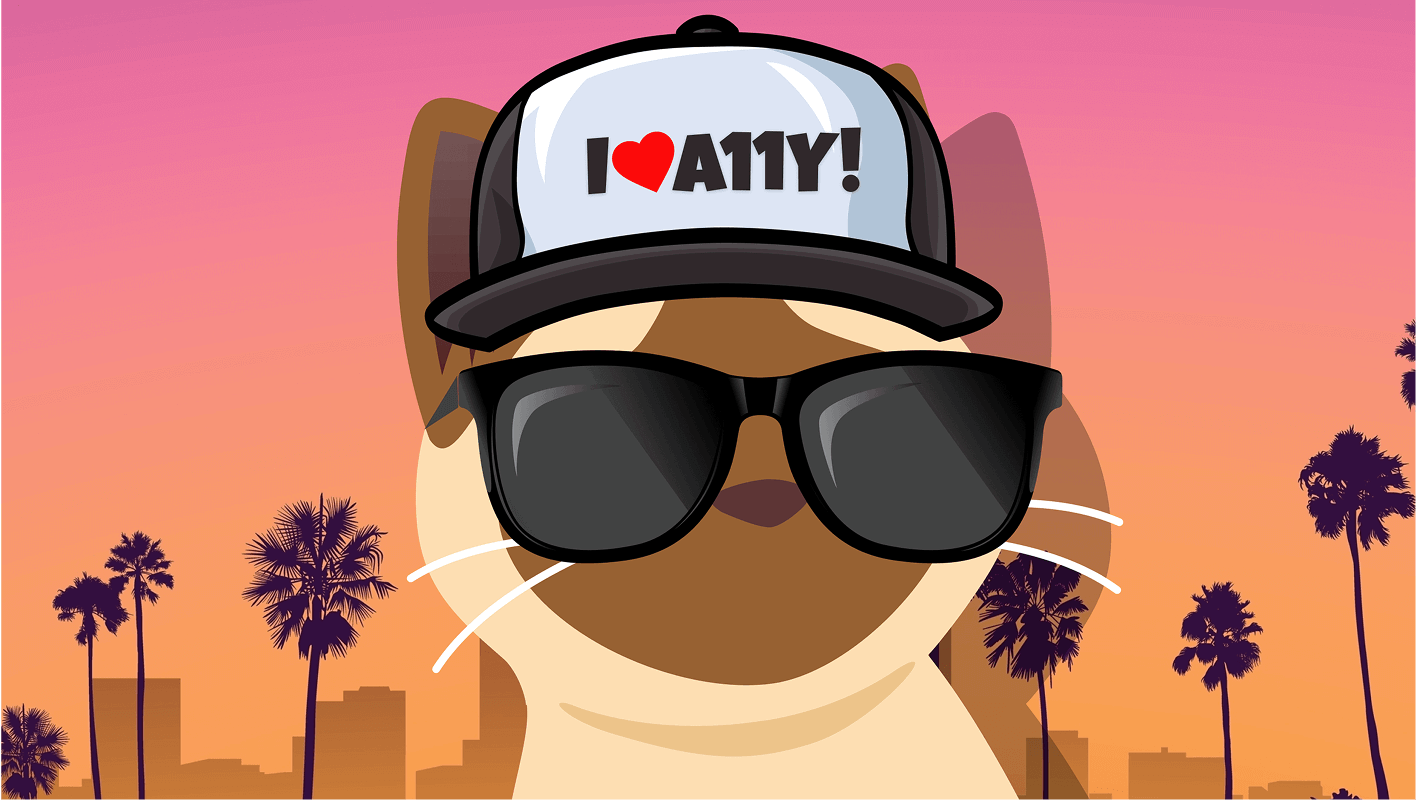 Taffy the cat wearing a sun hat with the words "I love A11y"