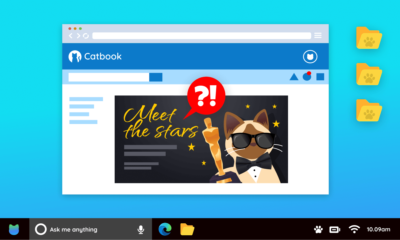 Catbook website featuring an article titled "Meet the stars" with an image of Taffy the Siamese cat wearing a tuxedo and lopsided sunglasses, holding an Oscar. The font for "Meet the stars" is hand-written cursive. Some of the letters aren't clear what they represent, such as a lowercase T that looks like the letter F.