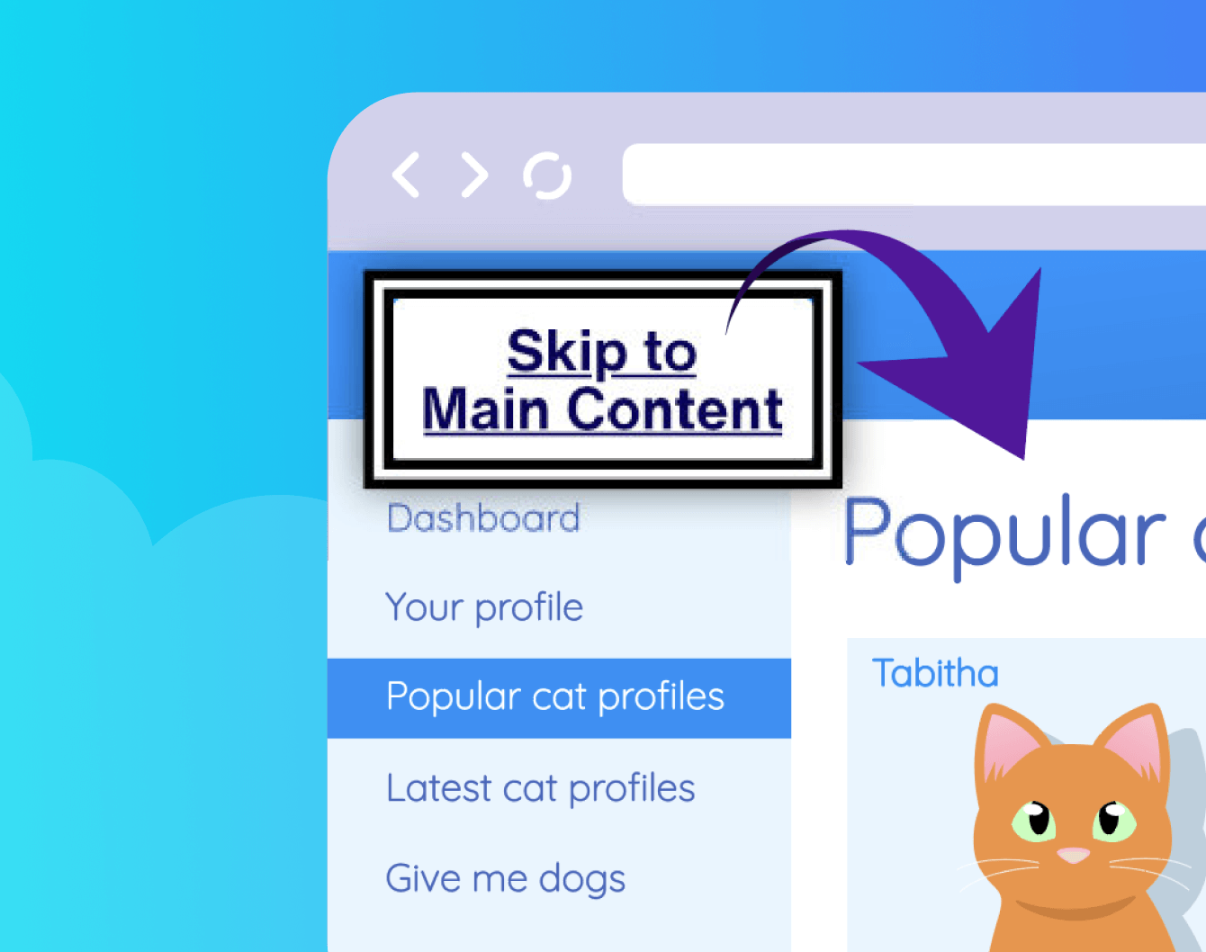 The Catbook website with a Skip to Main Content link hovering over the content in the top left corner. An arrow points to where the link takes the user; the start of the main content area.