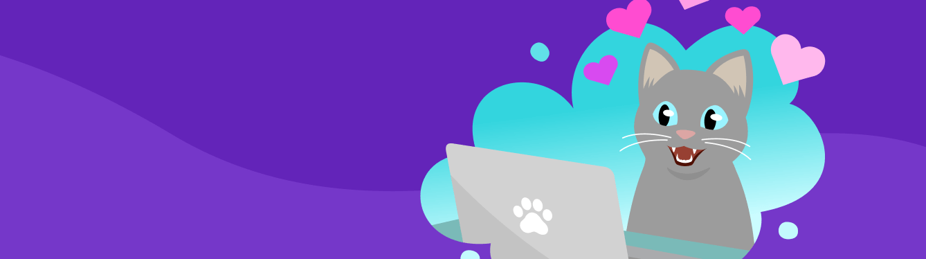 A thought bubble, imagining a Russian blue cat using a laptop. The cat seems happy, with their mouth open resembling the Flehmen response, as love hearts float all around. 