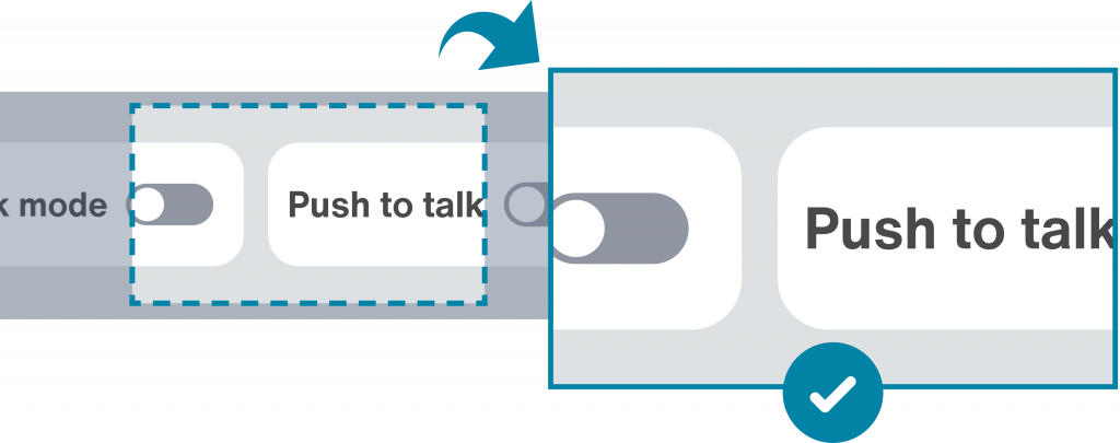 The same switches from the previous image, except now each control is separated by a white rectangle beneath, so even when zoomed in, there's a clear divide between the Dark mode switch and the Push to talk text.
