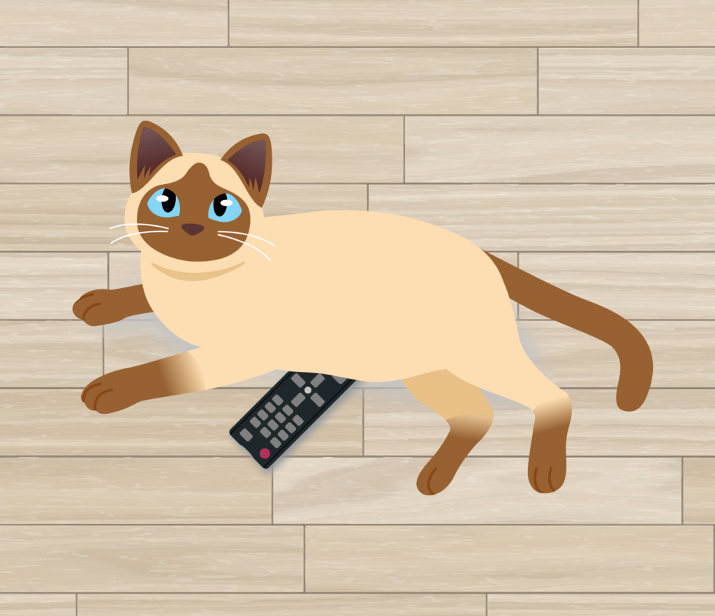 A Siamese cat lying on a TV remote, looking up at the viewer with a vacant expression.
