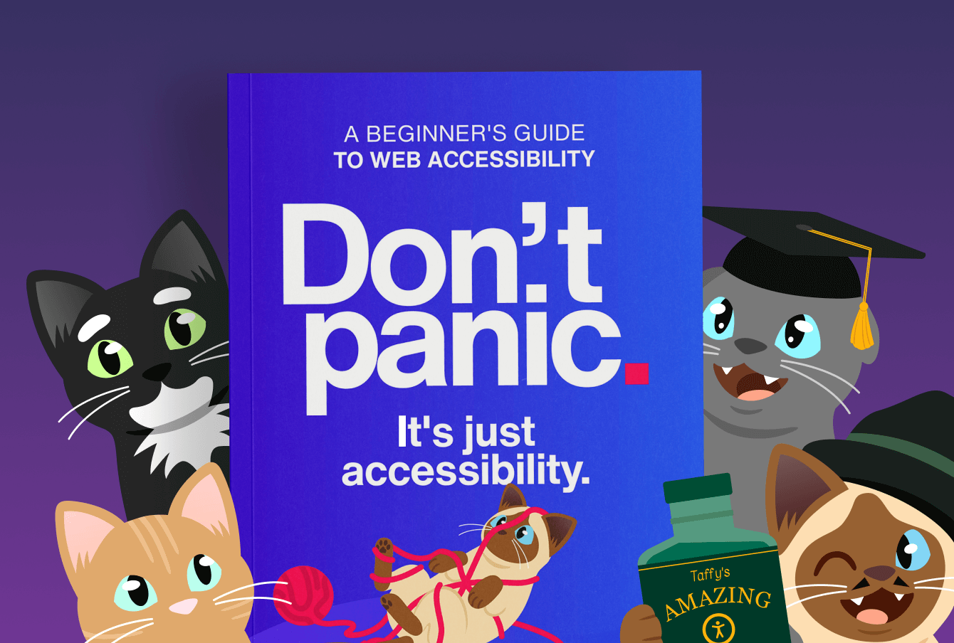 The book cover of Don't Panic! It's Just Accessibility, surrounded by cats. 