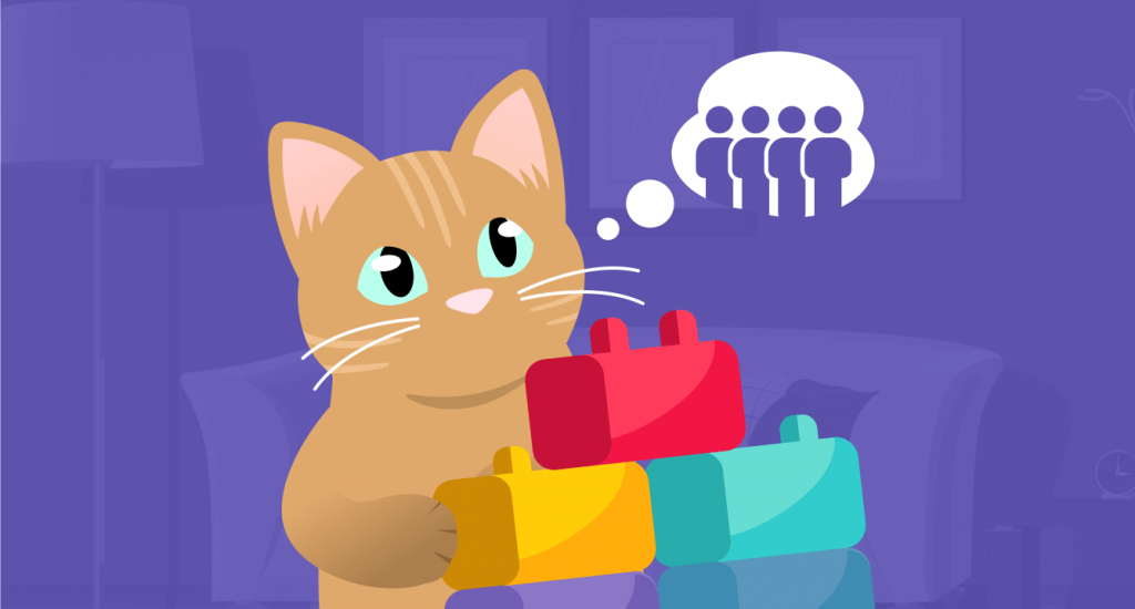 Cartoon of a beige striped cat assembling a tower of building blocks, thinking about the concept of people.