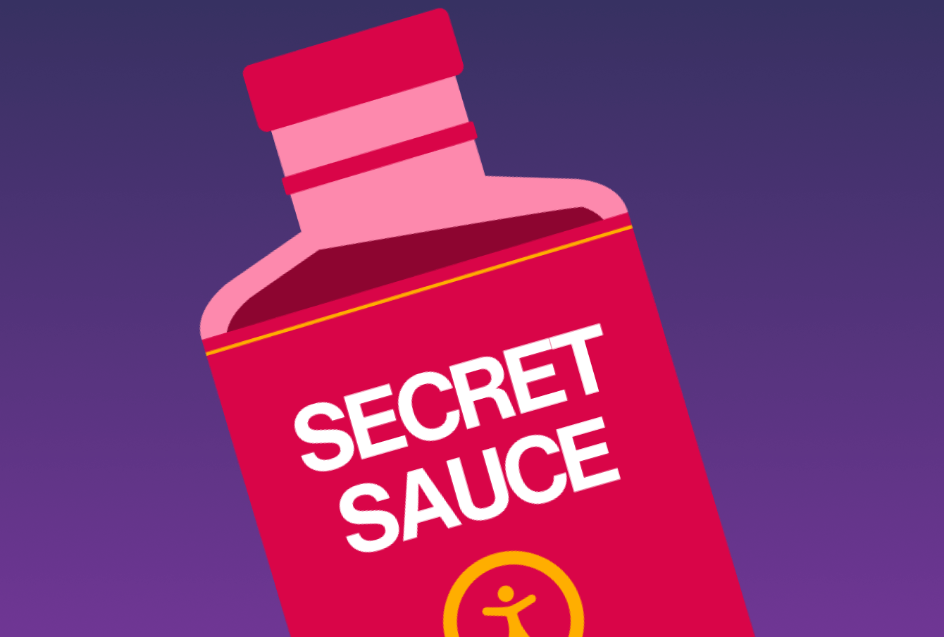 Pink tonic bottle with a 'secret sauce' label, decorated with a Vitruvian Man symbol representing accessibility.