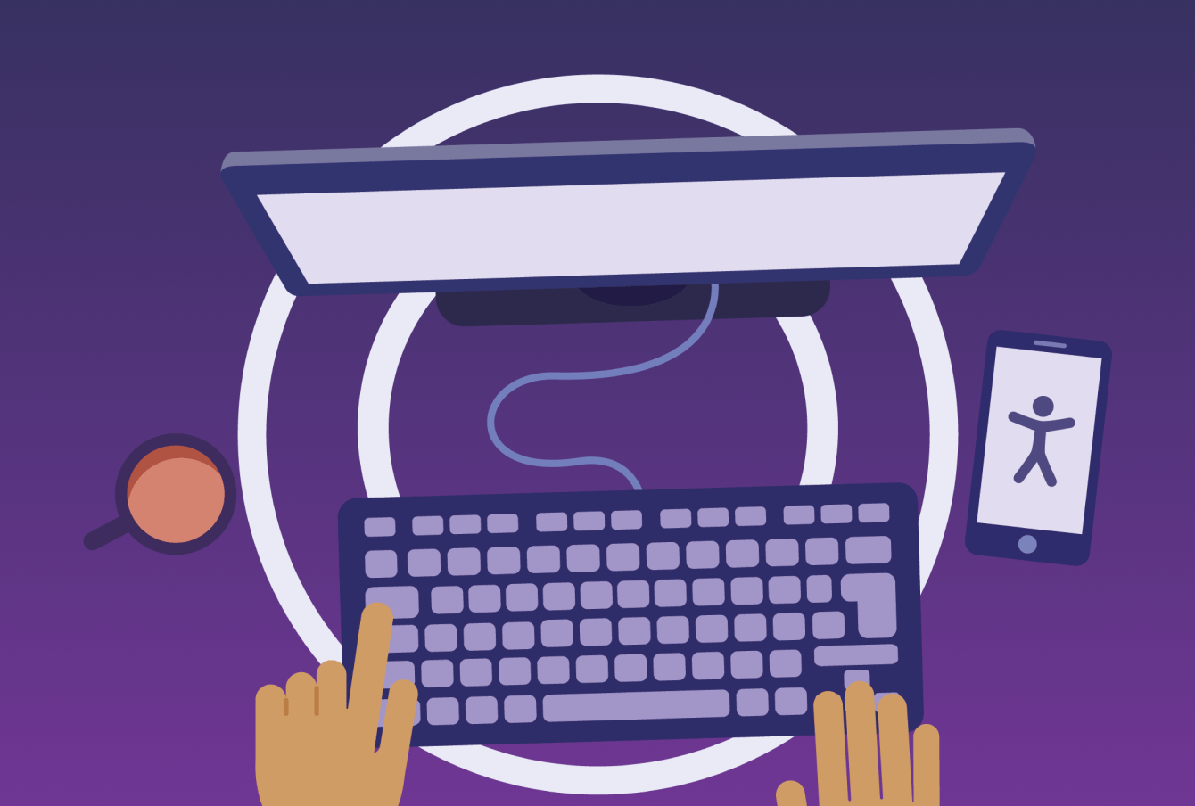 A bird's-eye view of a person working on a computer. A coffee mug and a phone sit on the desk. 