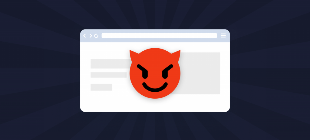 A red, impish emoji grinning menacingly at the user, overlaid on top of a website.