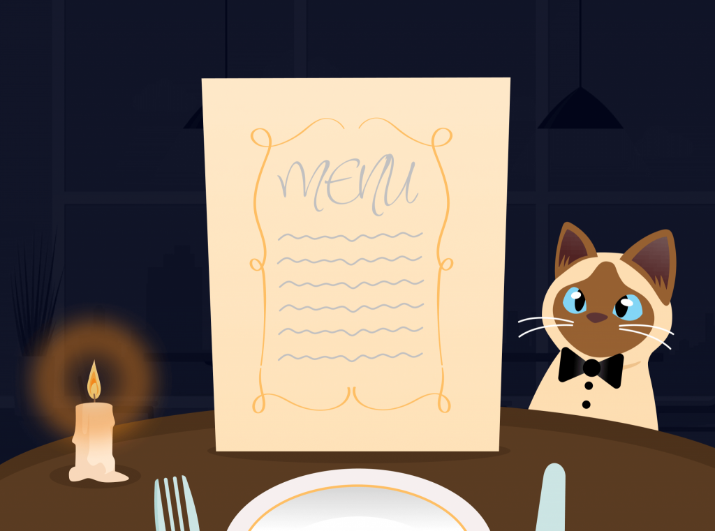 Point of view from sitting in the restaurant, illuminated only by candlelight. The food menu, while aesthetically pleasing, is so faint that all the text blends into the beige texture. Taffy, the Siamese cat, stands by your table with a waiter's bowtie, awaiting your order.