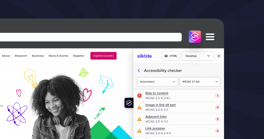 Screenshot of the Silktide browser extension in action. It occupies a small section of the screen on the right, while the left shows the website that's being tested. Silktide's accessibility checker is active, and gives the user a list of potential issues, filtered by automated checks under WCAG 2.1 AA, which can be customized.