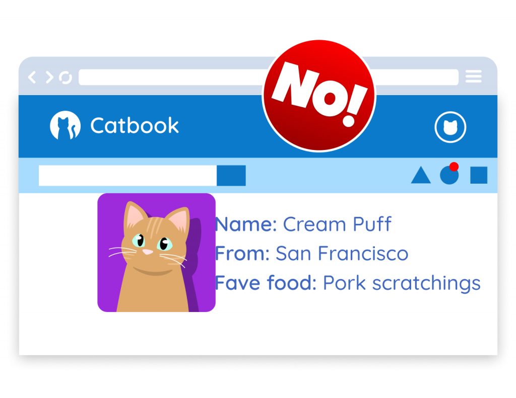The same profile on Catbook, except the Cream Puff image and text are now clumped together so that they touch each other.