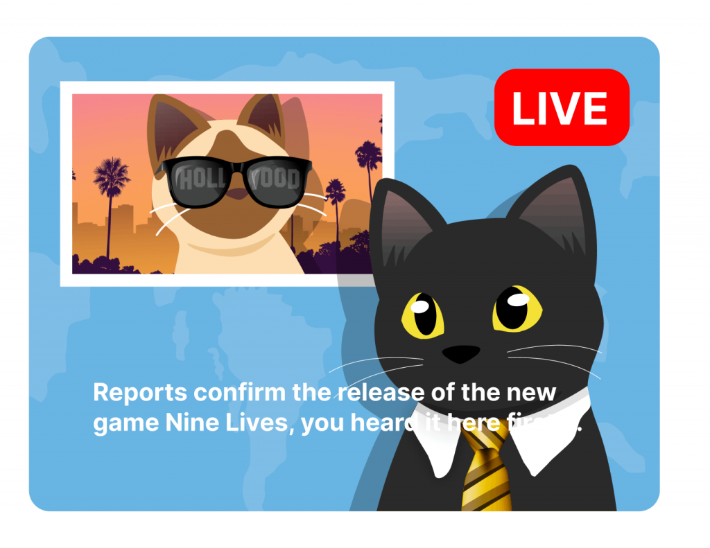 A newscaster cat with black fur, wearing a white collar and a tie, gives a live news report in front of footage of another cat wearing sunglasses in the Hollywood hills. The newscaster's dialogue is written along the bottom of the screen. It's small and white, overlaid onto the newsroom and the newscaster. The legibility of the words depends on whatever's behind them, so the newscaster's white collar for example completely camouflages the white text over it.