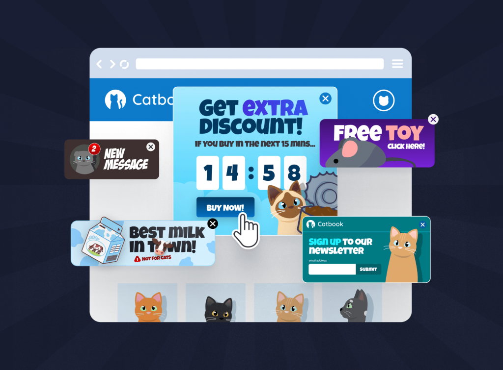 A Catbook website almost completely obscured by obnoxious pop ups aimed at cats. There's a 15 minute countdown to grab a special discount, an ad for a free mouse toy, a newsletter sign-up, a new message notification, and an ad for milk, with an ironic disclaimer saying it's not suitable for cats.