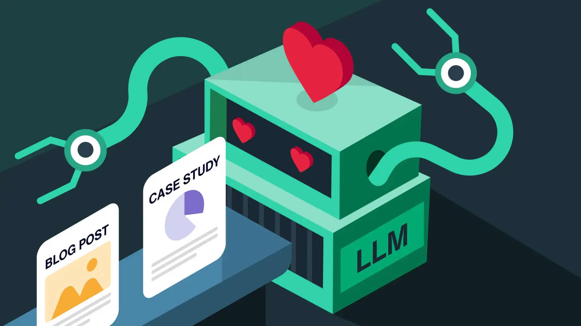 A green robot with "LLM" written on its side puts its mouth up to a conveyor belt. On that conveyor belt are pages reading "Case study" and "Blog post." Its arms are wiggling in joy and it has hearts for eyes.