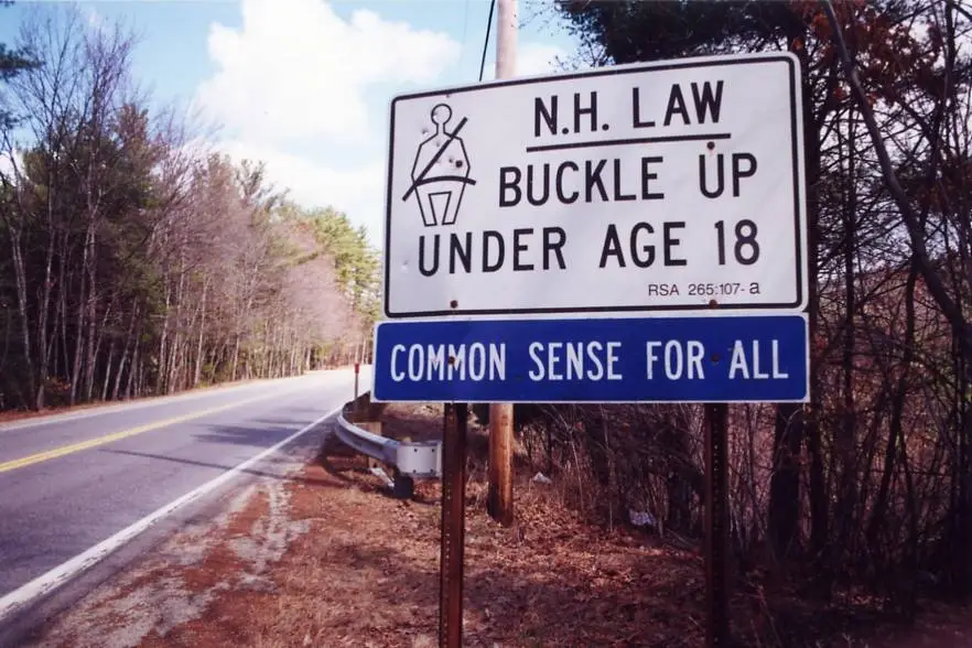 A two-lane road bordered by dense forest, with two separate roadside signs: a large white sign reading “N.H. law: Buckle up under age 18” and a smaller blue sign below reading “Common sense for all.”