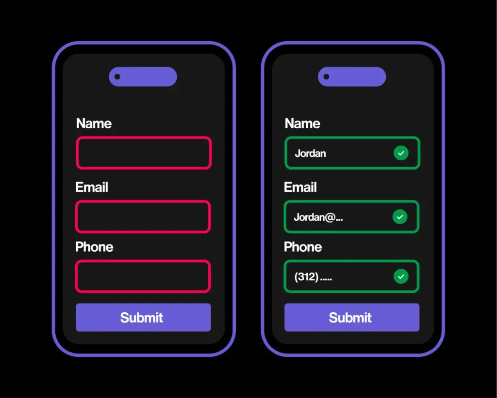 A form lacking autofill metadata is compared with a form whose name, email, and phone fields are correctly identified and automatically completed by the browser.