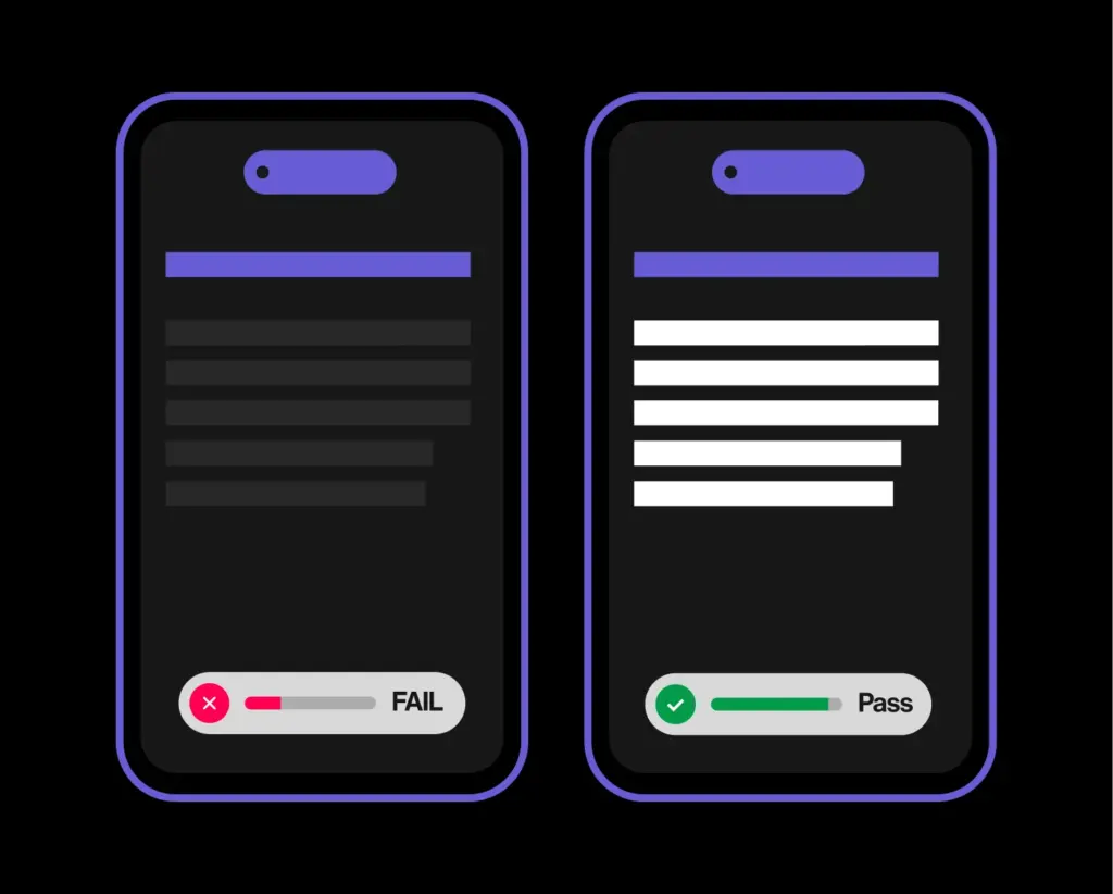 Two mobile screen mockups compare low-contrast text that fails accessibility requirements with high-contrast text that passes and is easier to read